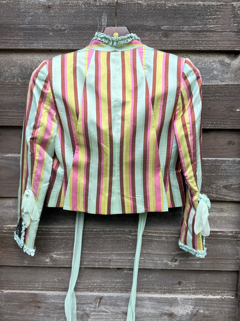 RARE Y2K Dr. Boudoir Raw Silk Striped Ruffle Blazer Jacket Small - Picture 13 of 16
